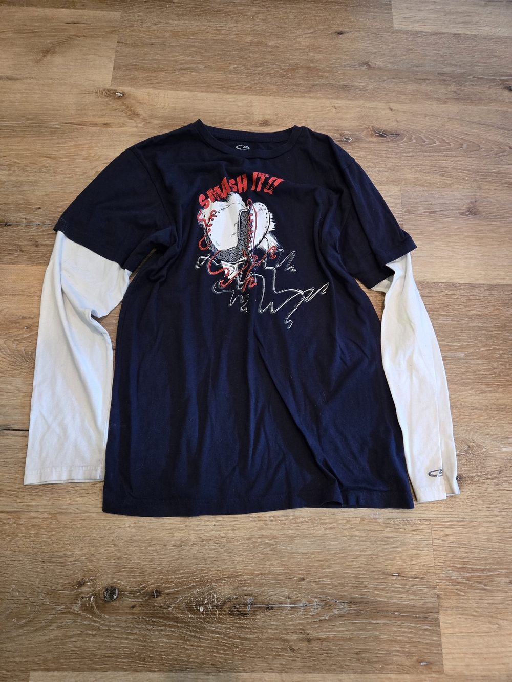Smash It! Graphic Layered-Look Long Sleeve Tee - Navy & Cream